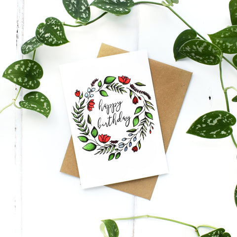 Floral Wreath Birthday Card, Blank Inside