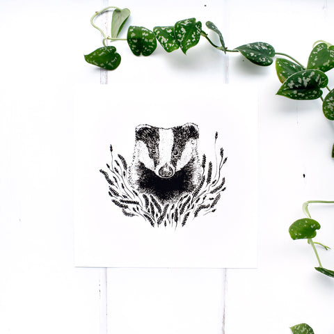 Badger and Wild Grass Black and White Screen Print