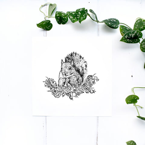 Squirrel with Autumn Leaves and Rose Hip Screen Print